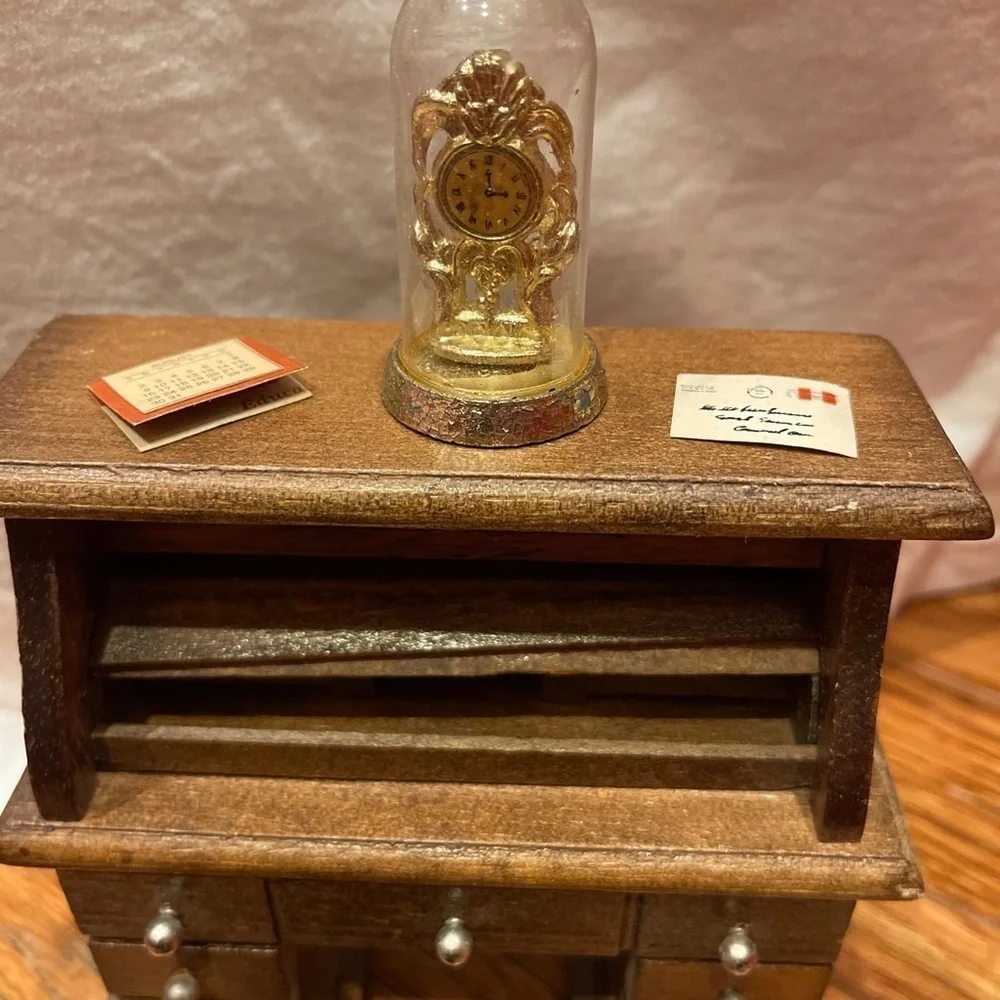 Roll Top Desk Wooden Working Drawers Vintage Dollhouse Miniature Furniture